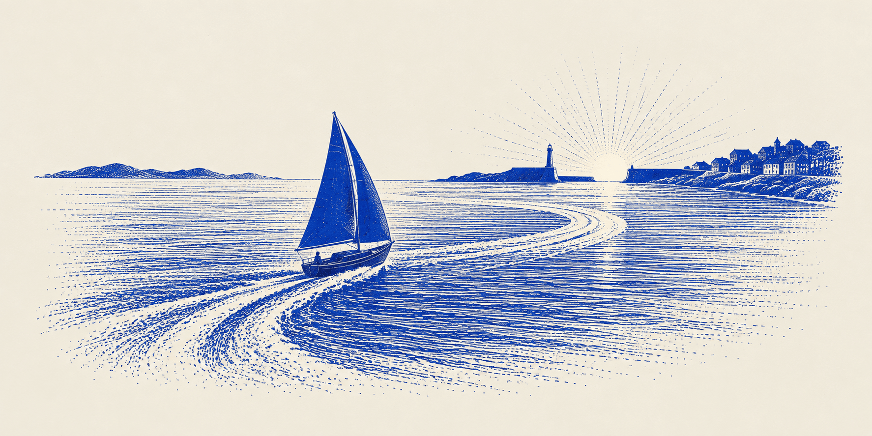 A sailboat follows a clear route toward an illuminated harbor