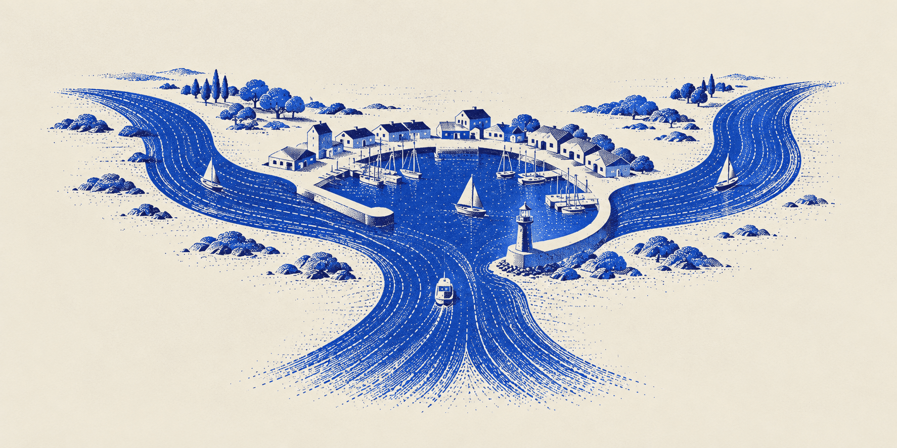 Three waterways connect into one harbor, illustrated in cobalt ink and ivory