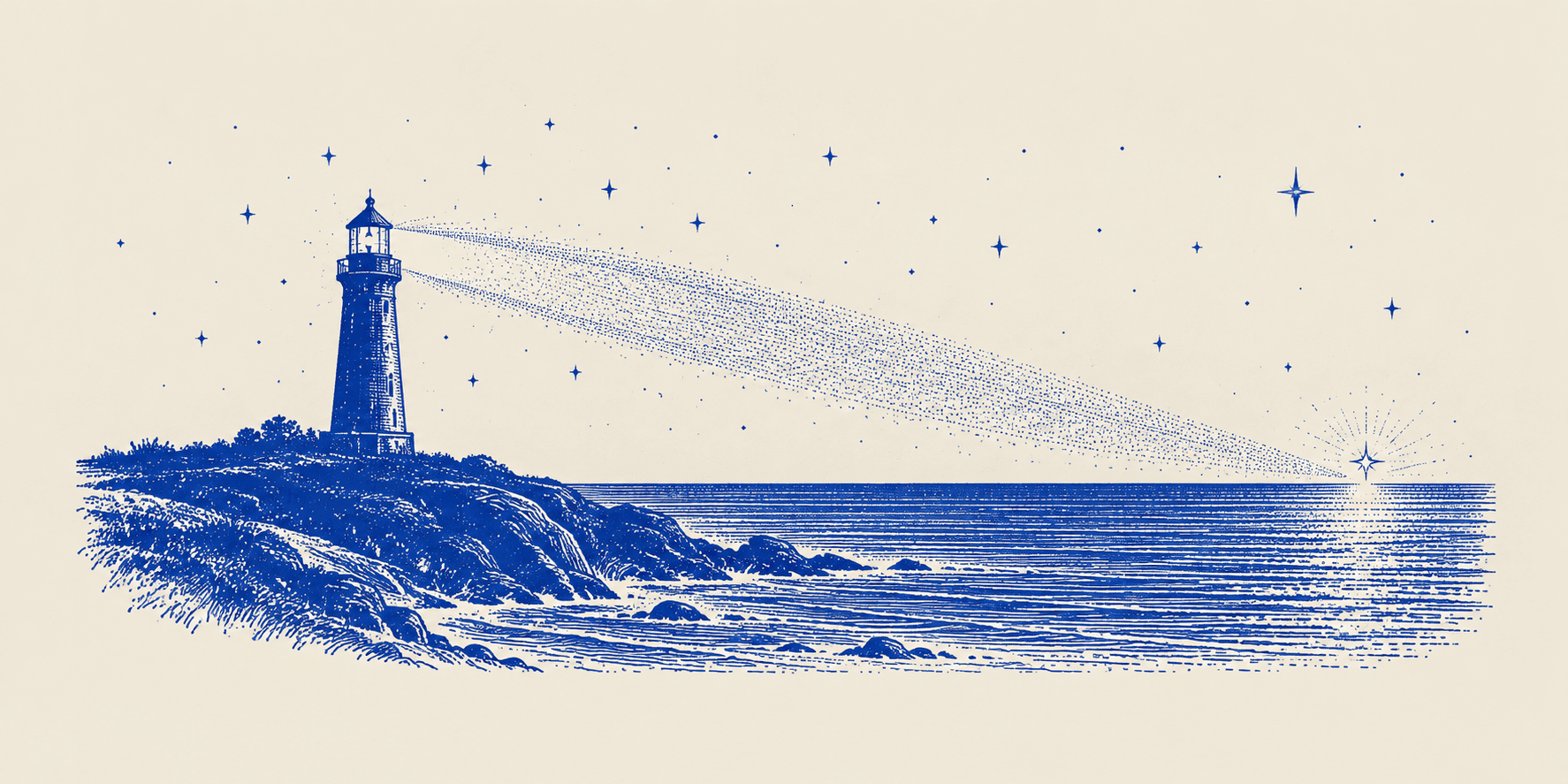 A lighthouse beam picks out a single bright signal on the horizon