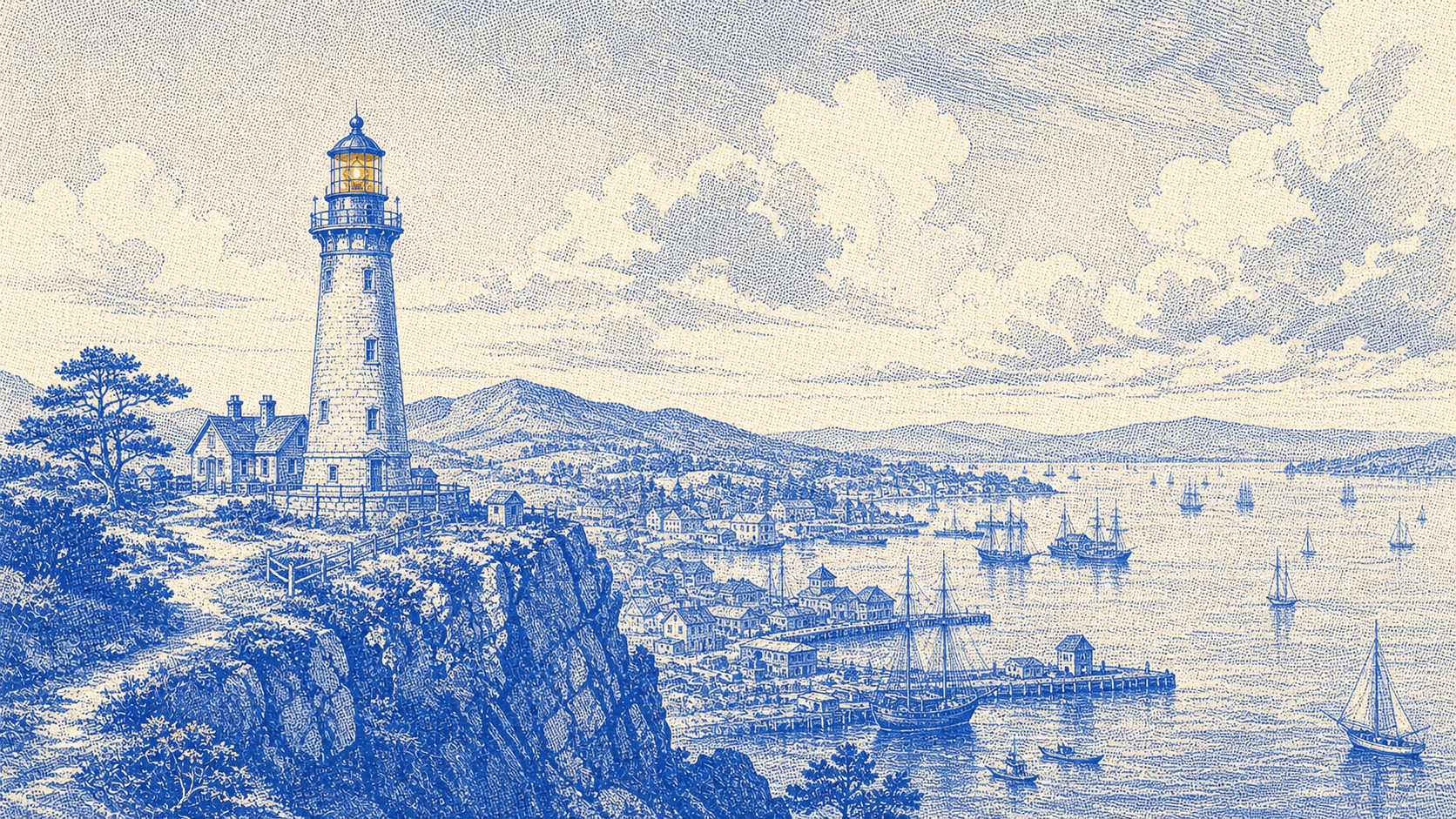 An illustrated lighthouse overlooking a connected harbor and town