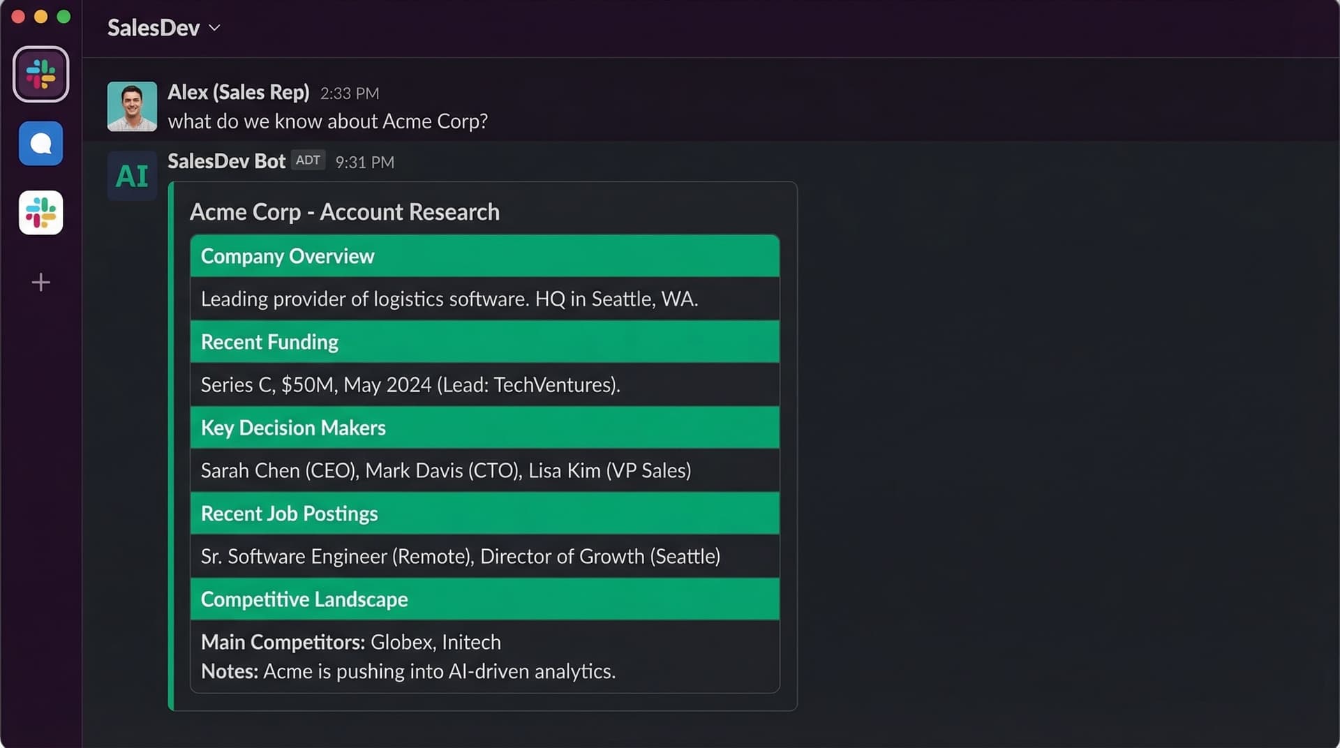 Pingd AI delivering live account research in Slack