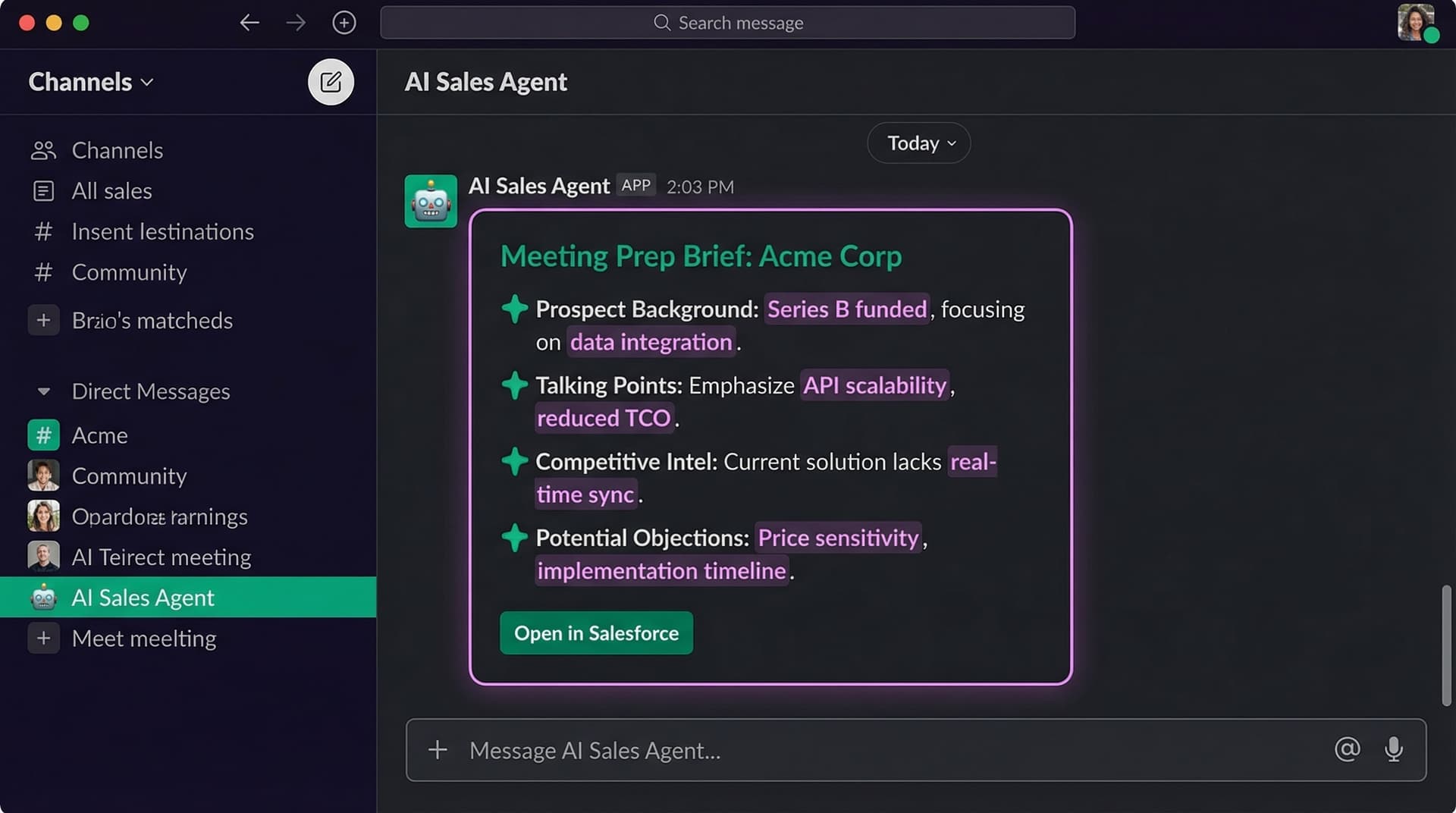 AI-generated meeting prep brief in Slack