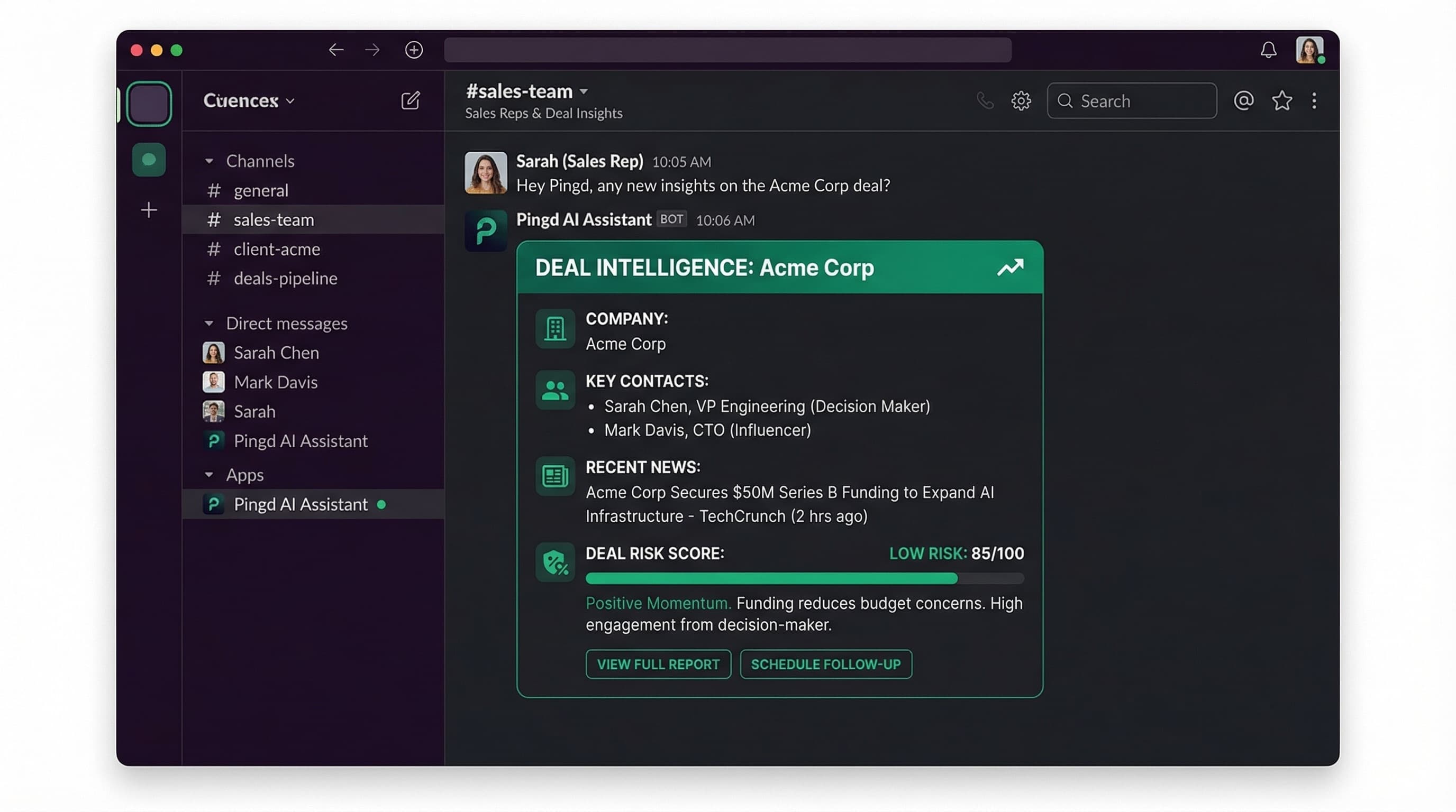 Pingd AI agent delivering real-time deal intelligence in Slack